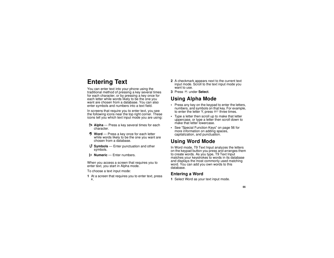 Motorola NNTN5837A manual Entering Text, Using Alpha Mode, Using Word Mode, Entering a Word 