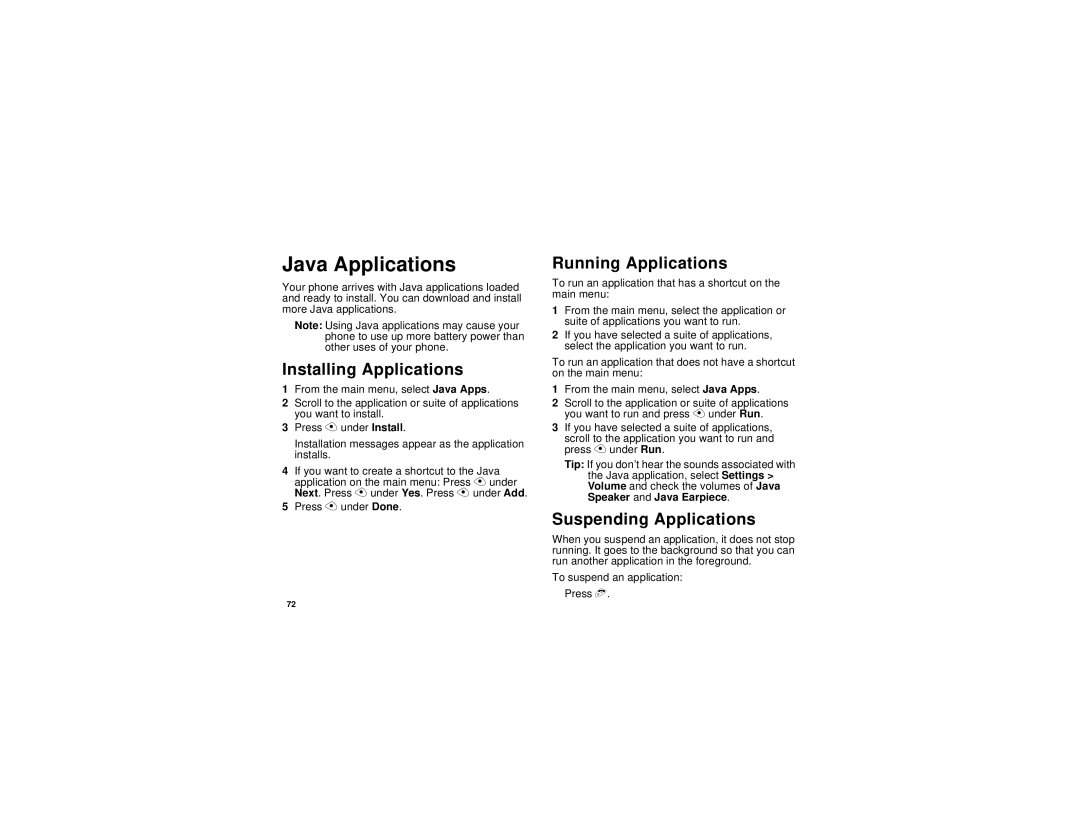 Motorola NNTN5837A manual Java Applications, Installing Applications, Running Applications, Suspending Applications 