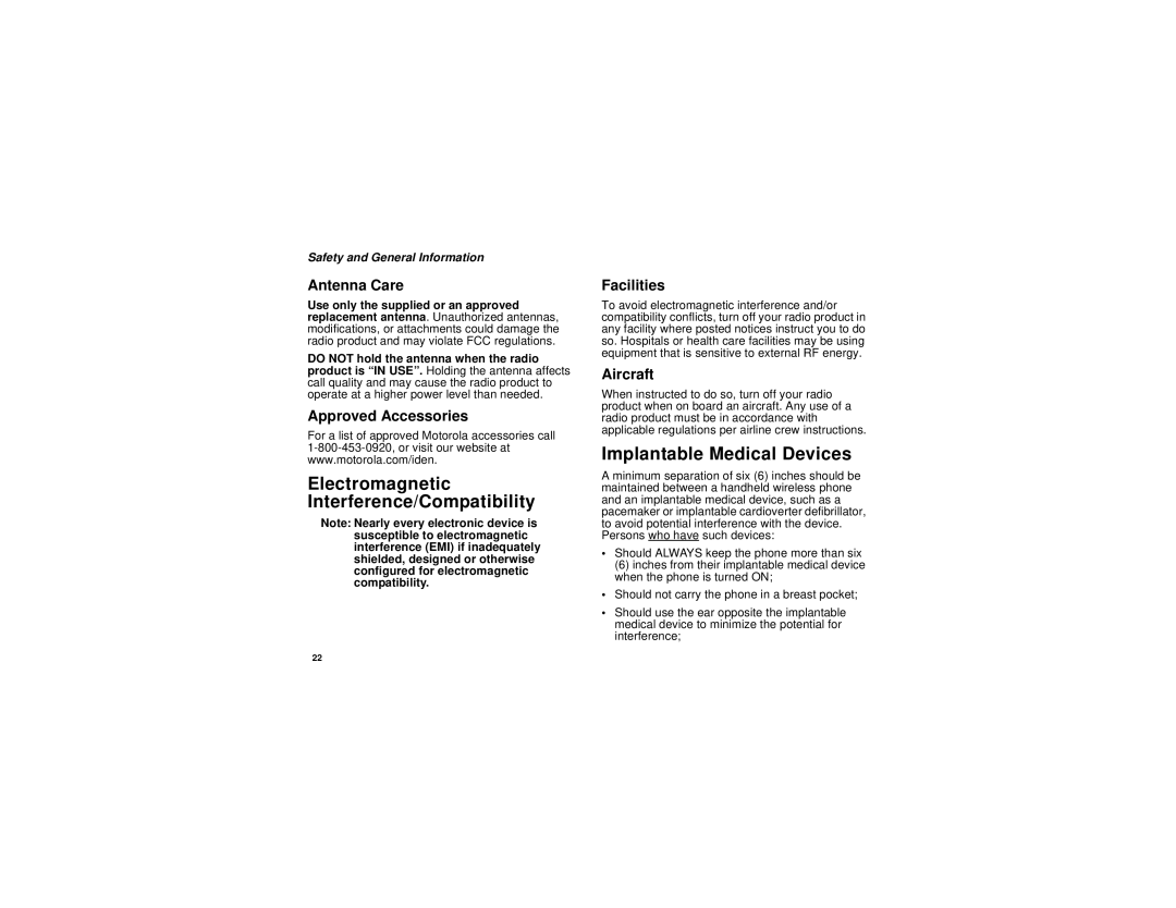 Motorola NNTN6893B, H83XAH6RR4AN manual Electromagnetic Interference/Compatibility, Implantable Medical Devices 