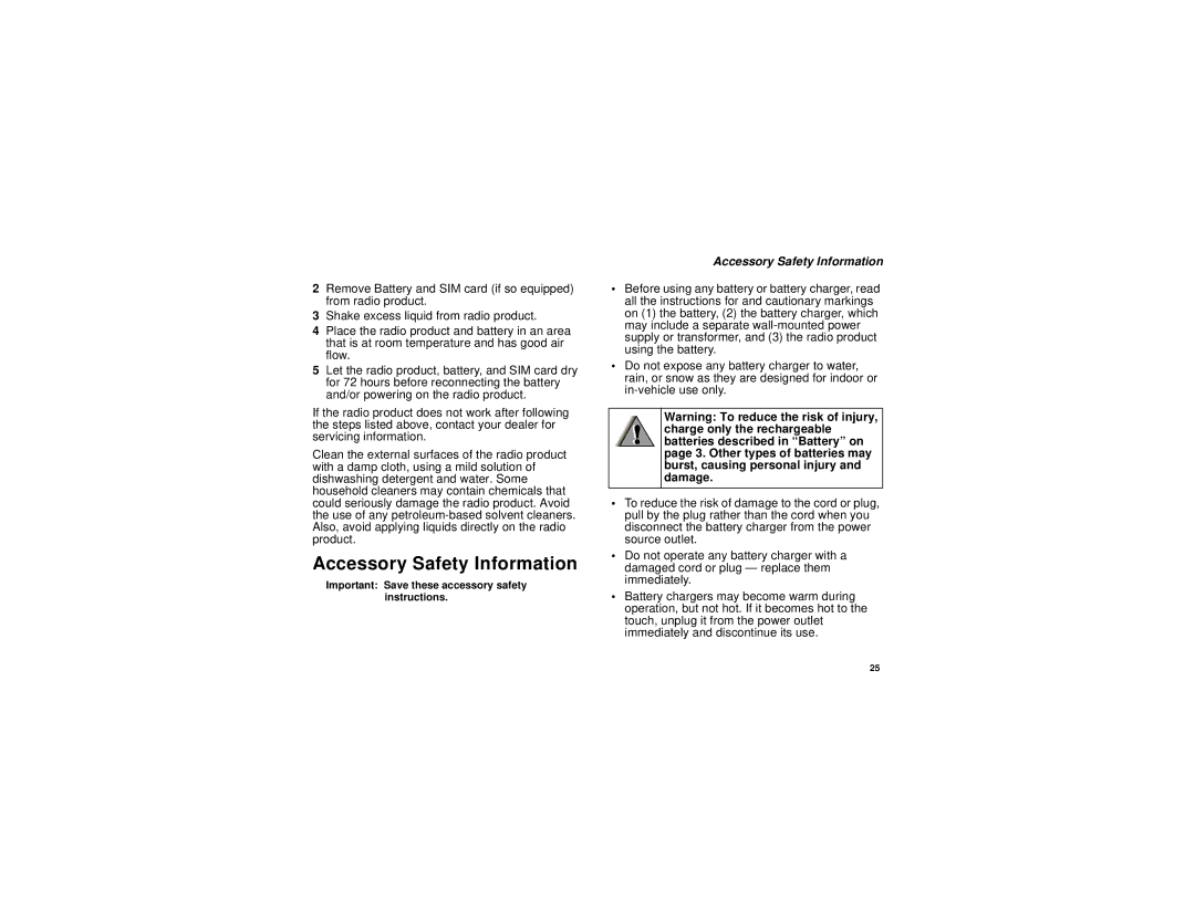 Motorola H83XAH6RR4AN, NNTN6893B manual Accessory Safety Information 