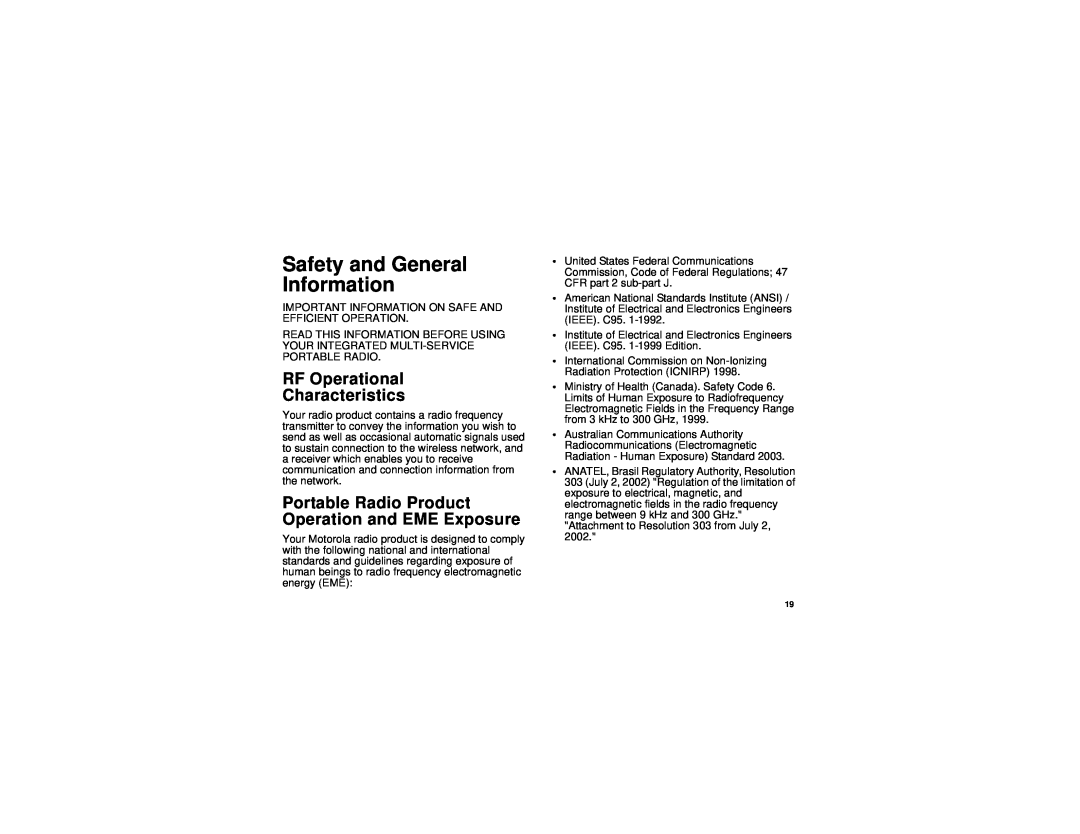 Motorola H83XAH6RR4AN, NNTN6893B manual Safety and General Information, RF Operational Characteristics 
