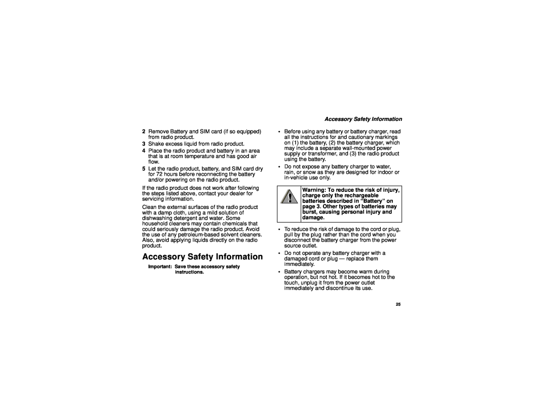Motorola H83XAH6RR4AN, NNTN6893B manual Accessory Safety Information, Warning To reduce the risk of injury 