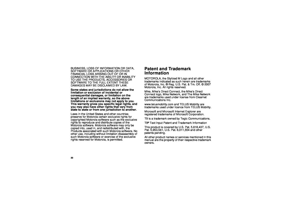 Motorola NNTN6893B, H83XAH6RR4AN manual Patent and Trademark Information 