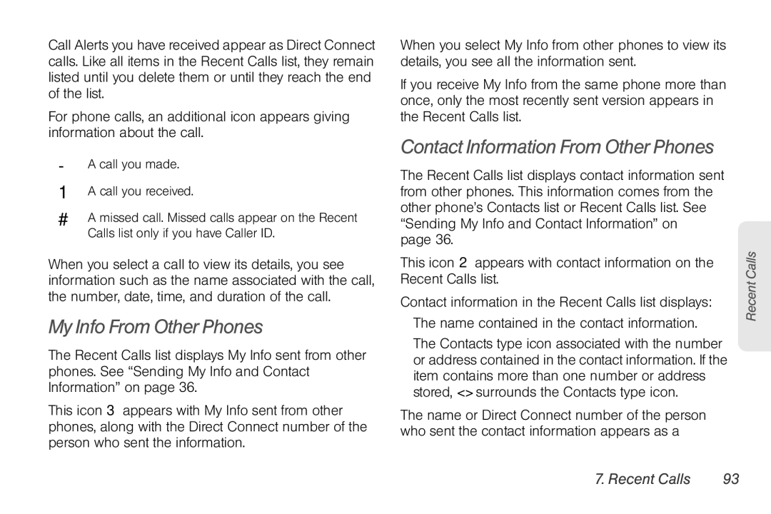 Motorola NNTN7794B manual My Info From Other Phones, Recent Calls 