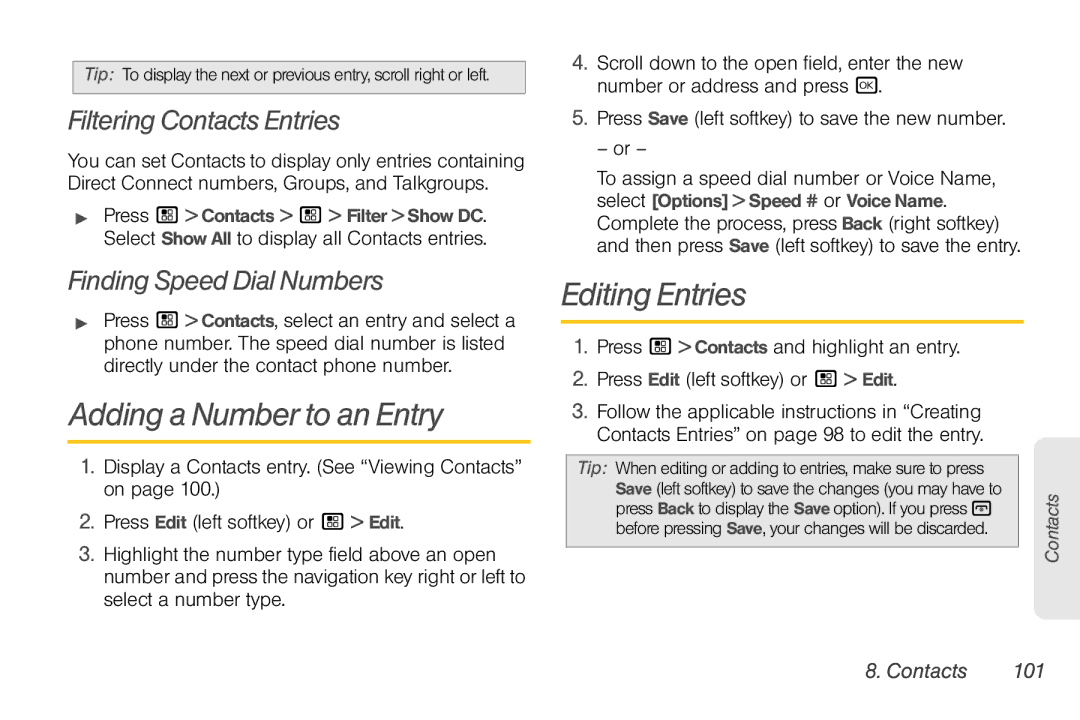 Motorola NNTN7794B Adding a Number to an Entry, Editing Entries, Filtering Contacts Entries, Finding Speed Dial Numbers 