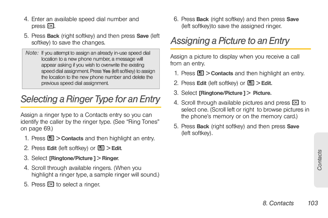 Motorola NNTN7794B manual Assigning a Picture to an Entry, Press r to select a ringer, Contacts 103 