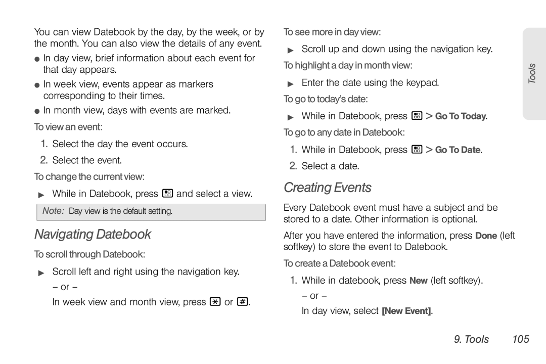 Motorola NNTN7794B manual Navigating Datebook, Creating Events, Tools 105 