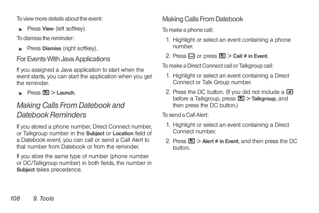 Motorola NNTN7794B manual Making Calls From Datebook and Datebook Reminders, ForEventsWithJavaApplications, 108 