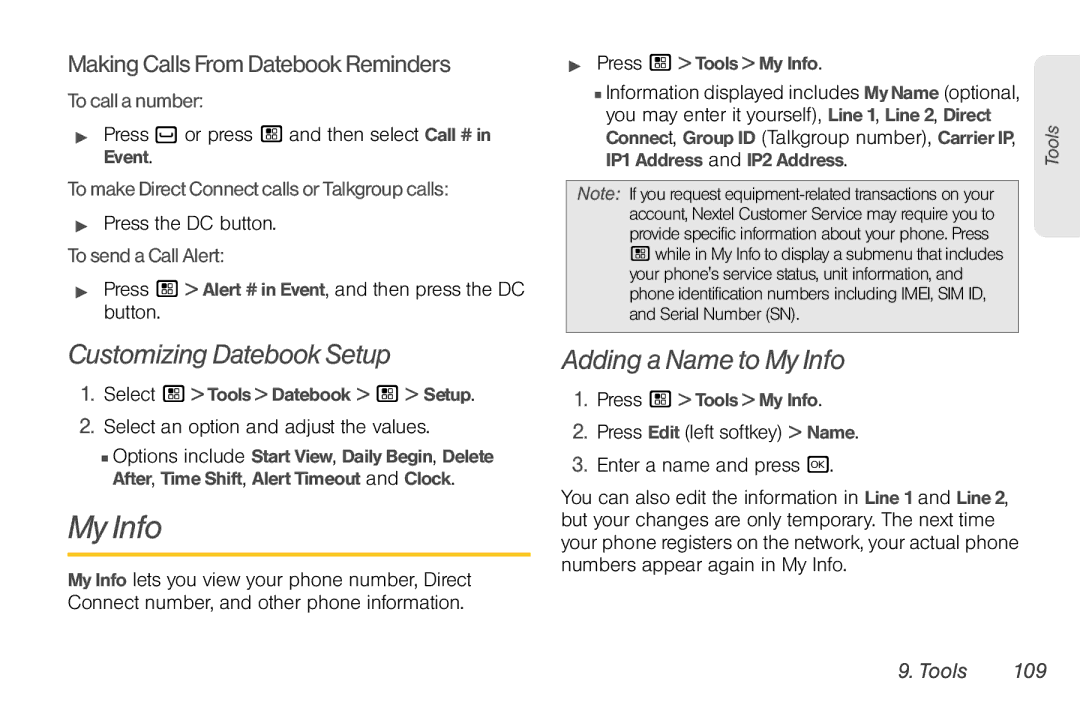 Motorola NNTN7794B Customizing Datebook Setup, Adding a Name to My Info, MakingCallsFromDatebookReminders, Tools 109 