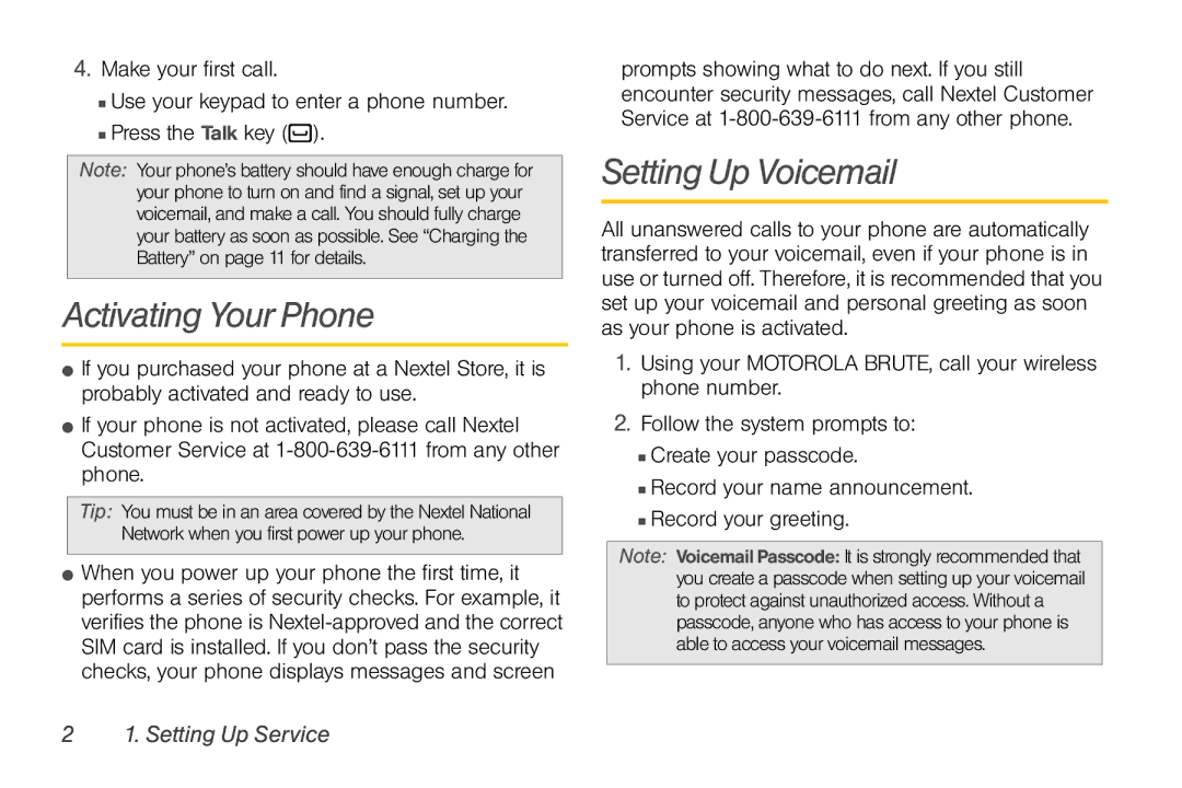 Motorola NNTN7794B manual Activating Your Phone, Setting Up Voicemail 