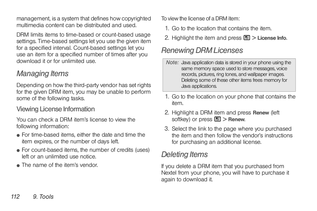 Motorola NNTN7794B manual Managing Items, Renewing DRM Licenses, Deleting Items, ViewingLicenseInformation 