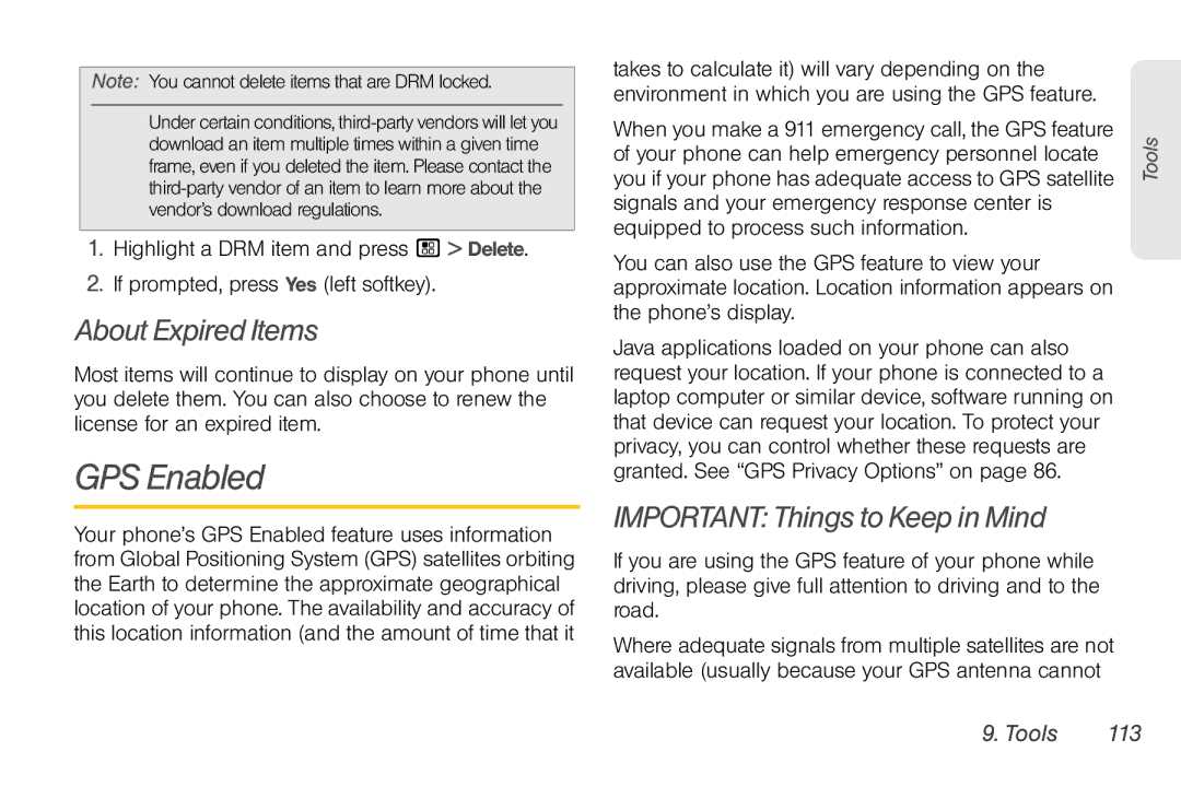 Motorola NNTN7794B manual GPS Enabled, About Expired Items, Important Things to Keep in Mind, Tools 113 