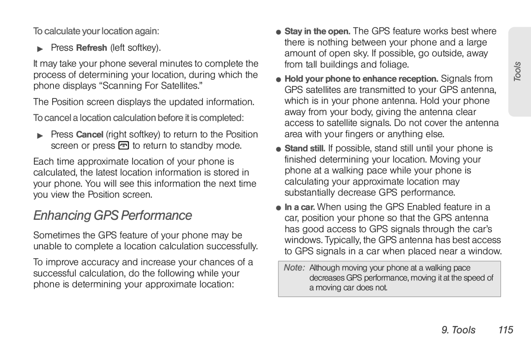 Motorola NNTN7794B manual Enhancing GPS Performance, Tocalculateyourlocationagain, Tools 115 