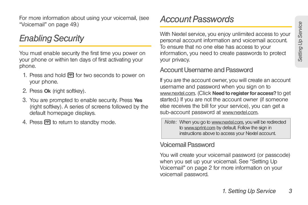 Motorola NNTN7794B manual Enabling Security, Account Passwords, AccountUsernameandPassword VoicemailPassword 