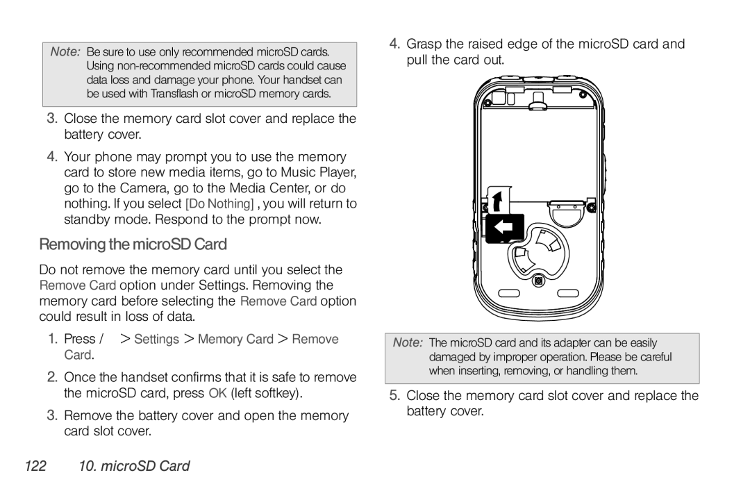 Motorola NNTN7794B manual RemovingthemicroSDCard, 122 10. microSD Card, Press / Settings Memory Card Remove Card 