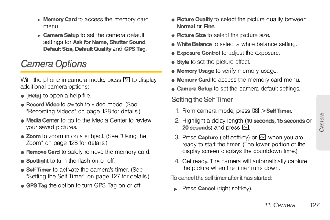 Motorola NNTN7794B manual Camera Options, SettingtheSelfTimer, Tocanceltheselftimerafterithas started, Camera 127 