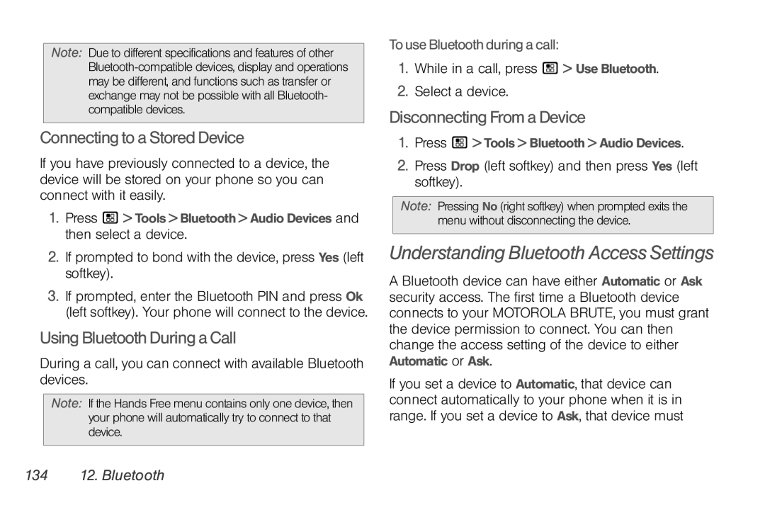 Motorola NNTN7794B manual Understanding Bluetooth Access Settings, ConnectingtoaStoredDevice, UsingBluetoothDuringaCall 