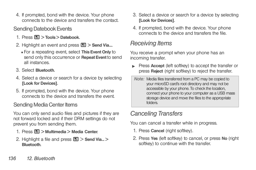 Motorola NNTN7794B Receiving Items, Canceling Transfers, SendingDatebookEvents, SendingMediaCenterItems, 136 12. Bluetooth 