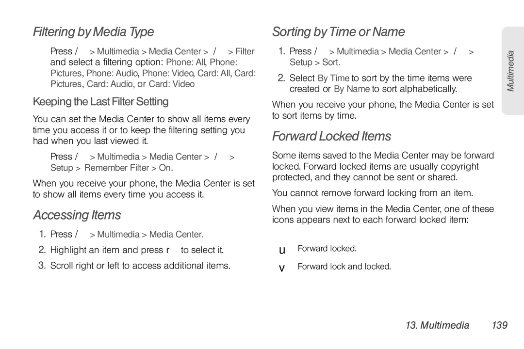 Motorola NNTN7794B manual Filtering by Media Type, Accessing Items, Sorting by Time or Name, Forward Locked Items 