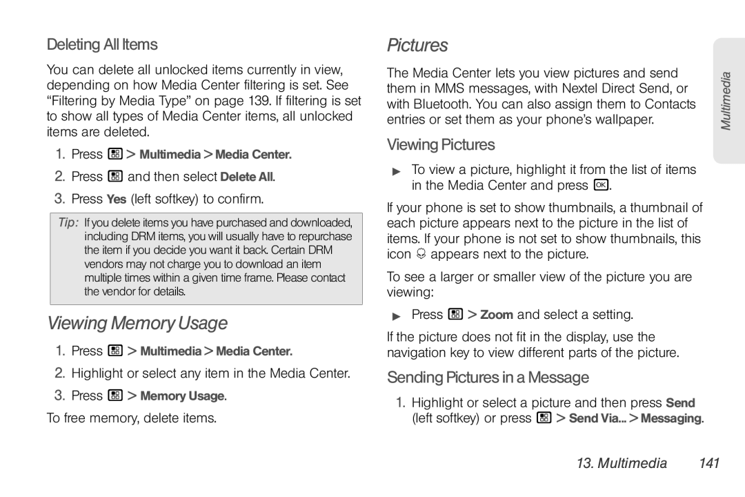 Motorola NNTN7794B manual Viewing Memory Usage, DeletingAllItems, ViewingPictures, SendingPicturesinaMessage 