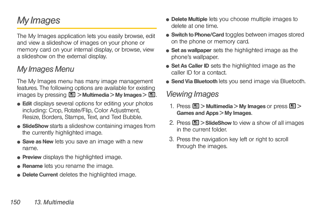 Motorola NNTN7794B manual My Images Menu, Viewing Images, 150 13. Multimedia 