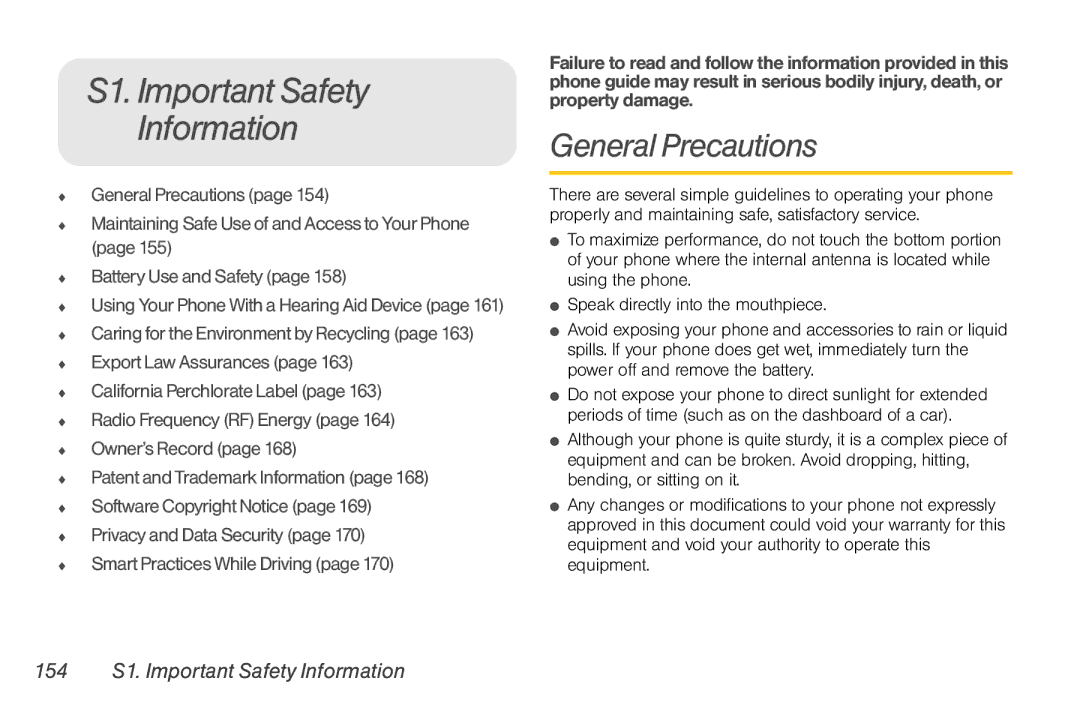 Motorola NNTN7794B manual General Precautions, 154 S1. Important Safety Information,  GeneralPrecautionspage154 