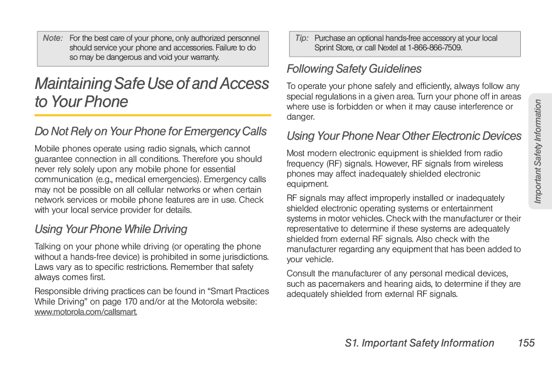 Motorola NNTN7794B manual MaintainingSafeUseofandAccess to Your Phone, Using Your Phone While Driving 