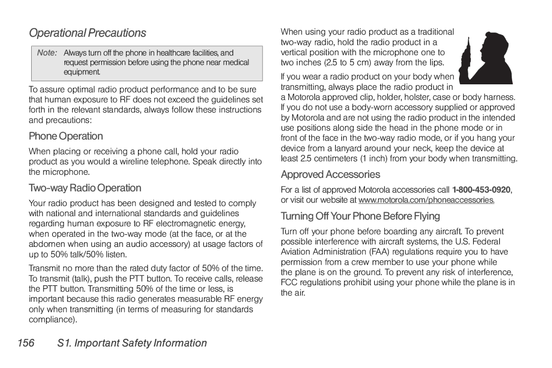 Motorola NNTN7794B Operational Precautions, PhoneOperation, Two-wayRadioOperation, 156 S1. Important Safety Information 