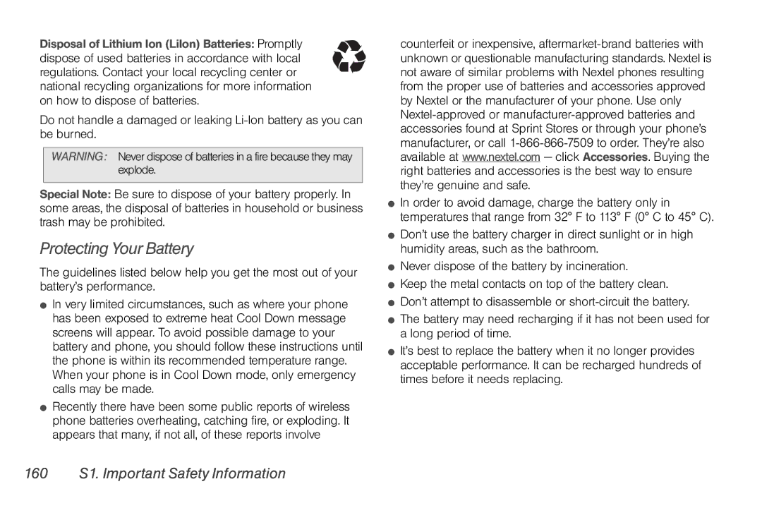 Motorola NNTN7794B manual Protecting Your Battery, 160 S1. Important Safety Information 