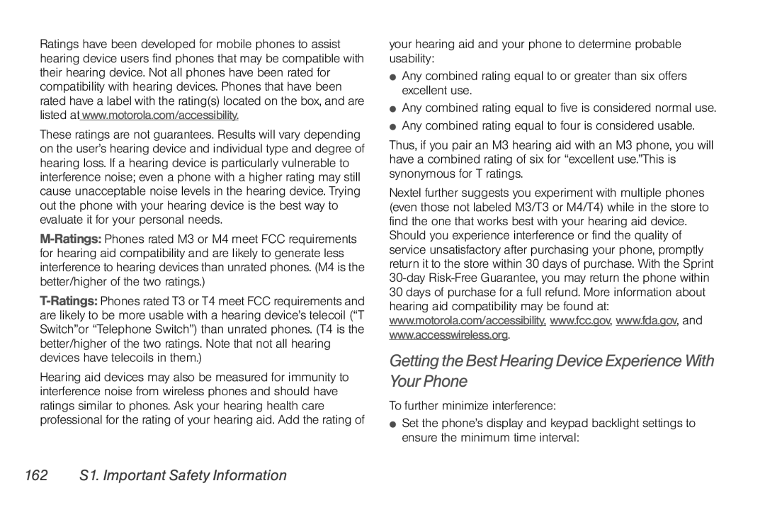 Motorola NNTN7794B manual Getting the Best Hearing Device Experience With Your Phone, 162 S1. Important Safety Information 