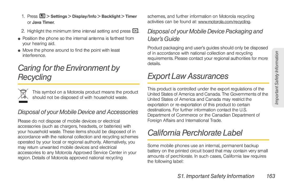 Motorola NNTN7794B manual Caring for the Environment by Recycling, Export Law Assurances, California Perchlorate Label 