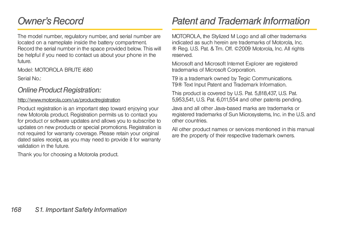 Motorola NNTN7794B manual Owner’s Record, Patent and Trademark Information, Online Product Registration 