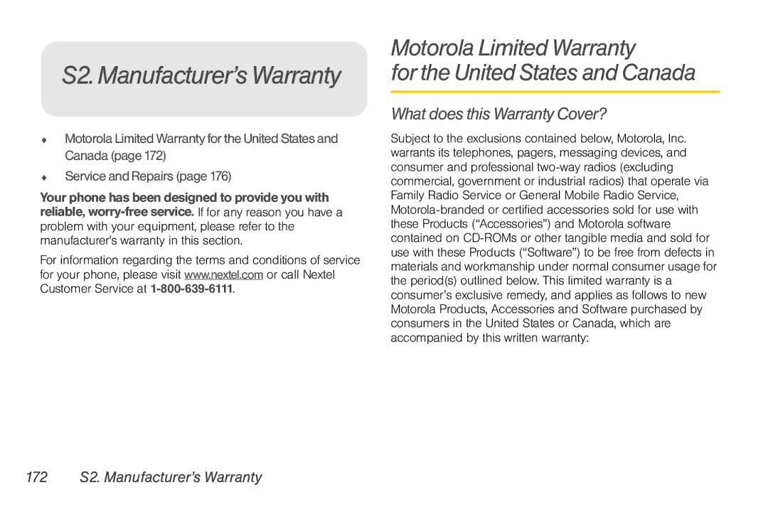 Motorola NNTN7794B manual S2.Manufacturer’s Warranty, Motorola Limited Warranty For the United States and Canada 