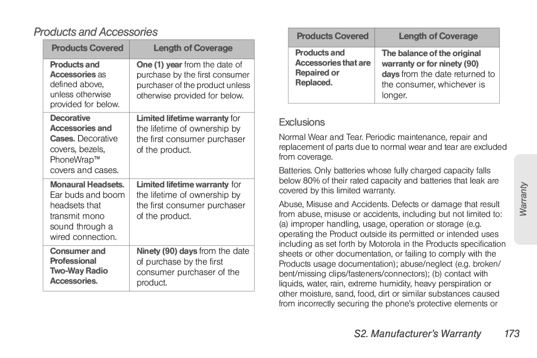 Motorola NNTN7794B manual Products and Accessories, Exclusions, S2. Manufacturer’s Warranty 173 