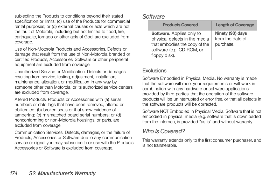 Motorola NNTN7794B manual Software, Who Is Covered?, 174 S2. Manufacturer’s Warranty 