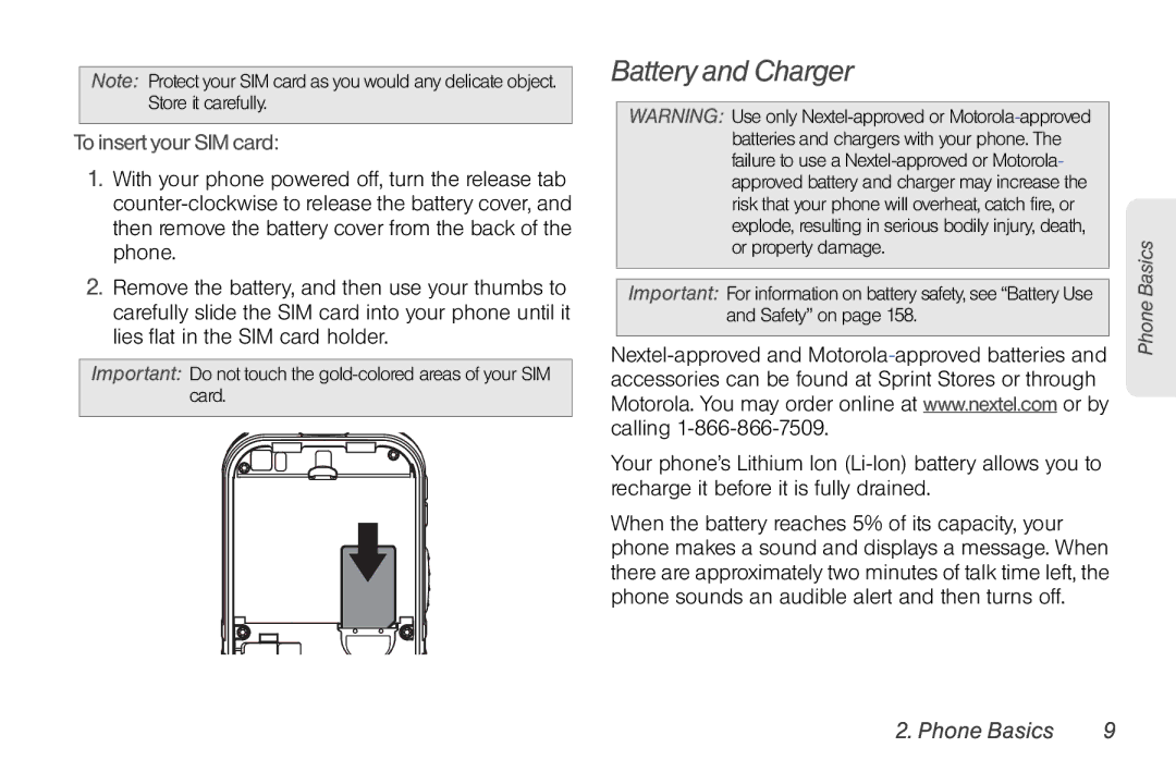 Motorola NNTN7794B manual Battery and Charger, ToinsertyourSIMcard 