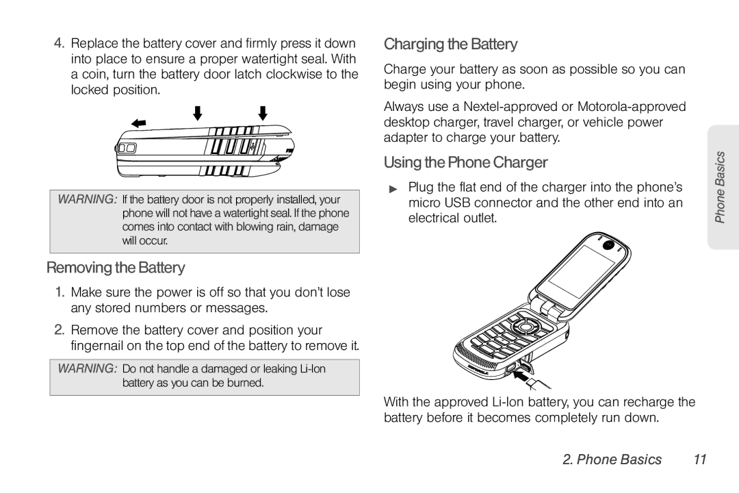 Motorola NNTN7794B manual RemovingtheBattery, ChargingtheBattery, UsingthePhoneCharger 