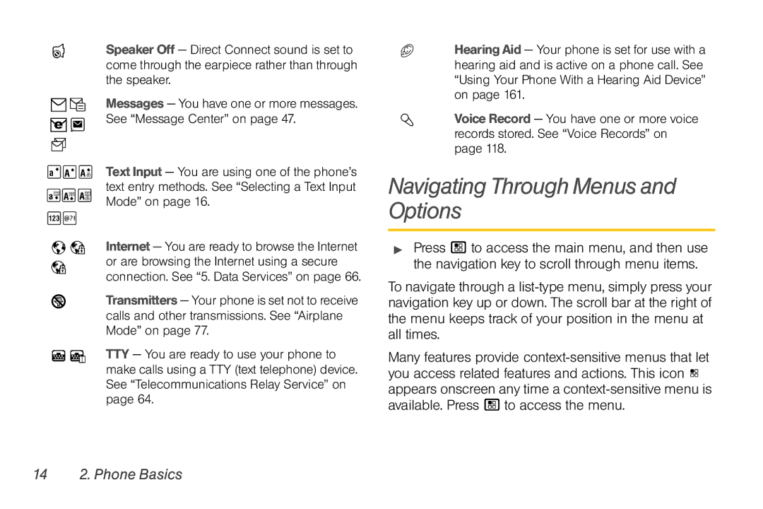 Motorola NNTN7794B manual Navigating Through Menus and Options, 14 2. Phone Basics 