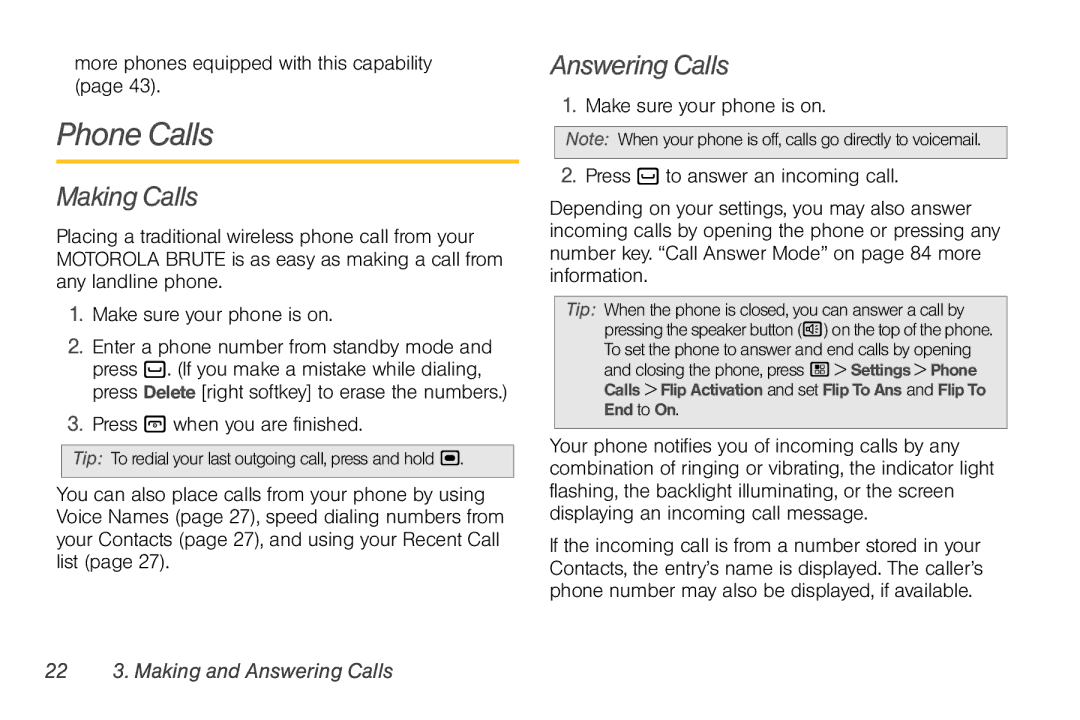 Motorola NNTN7794B manual Phone Calls, Making Calls, 22 3. Making and Answering Calls 