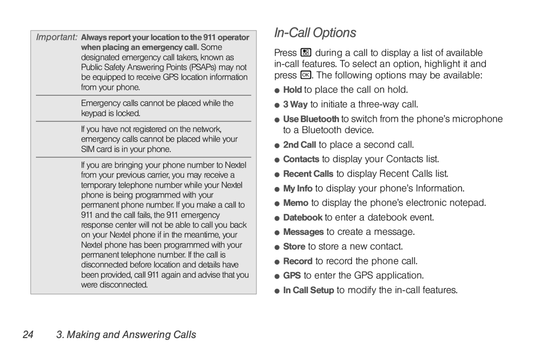 Motorola NNTN7794B manual In-Call Options, 24 3. Making and Answering Calls 