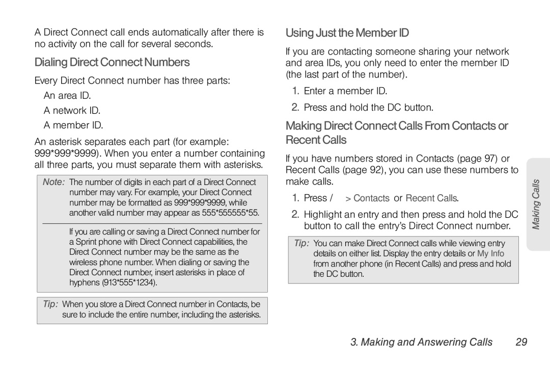 Motorola NNTN7794B manual DialingDirectConnectNumbers, UsingJusttheMemberID, Press / Contacts or Recent Calls 