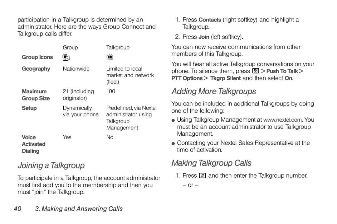 Motorola NNTN7794B Joining a Talkgroup, Adding More Talkgroups, Making Talkgroup Calls, 40 3. Making and Answering Calls 