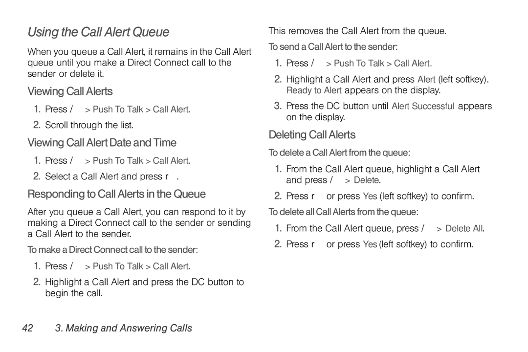 Motorola NNTN7794B manual Using the Call Alert Queue, ViewingCallAlerts, ViewingCallAlertDateandTime, DeletingCallAlerts 