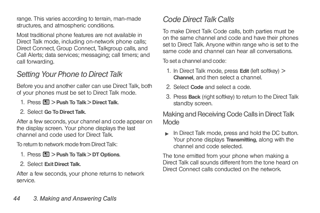 Motorola NNTN7794B manual Setting Your Phone to Direct Talk, Code Direct Talk Calls, ToreturntonetworkmodefromDirectTalk 