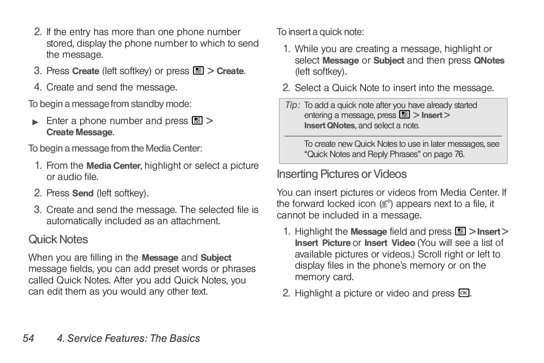 Motorola NNTN7794B manual QuickNotes, InsertingPicturesorVideos, 54 4. Service Features The Basics 