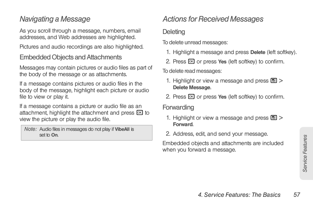 Motorola NNTN7794B manual Navigating a Message, Actions for Received Messages, EmbeddedObjectsandAttachments, Deleting 