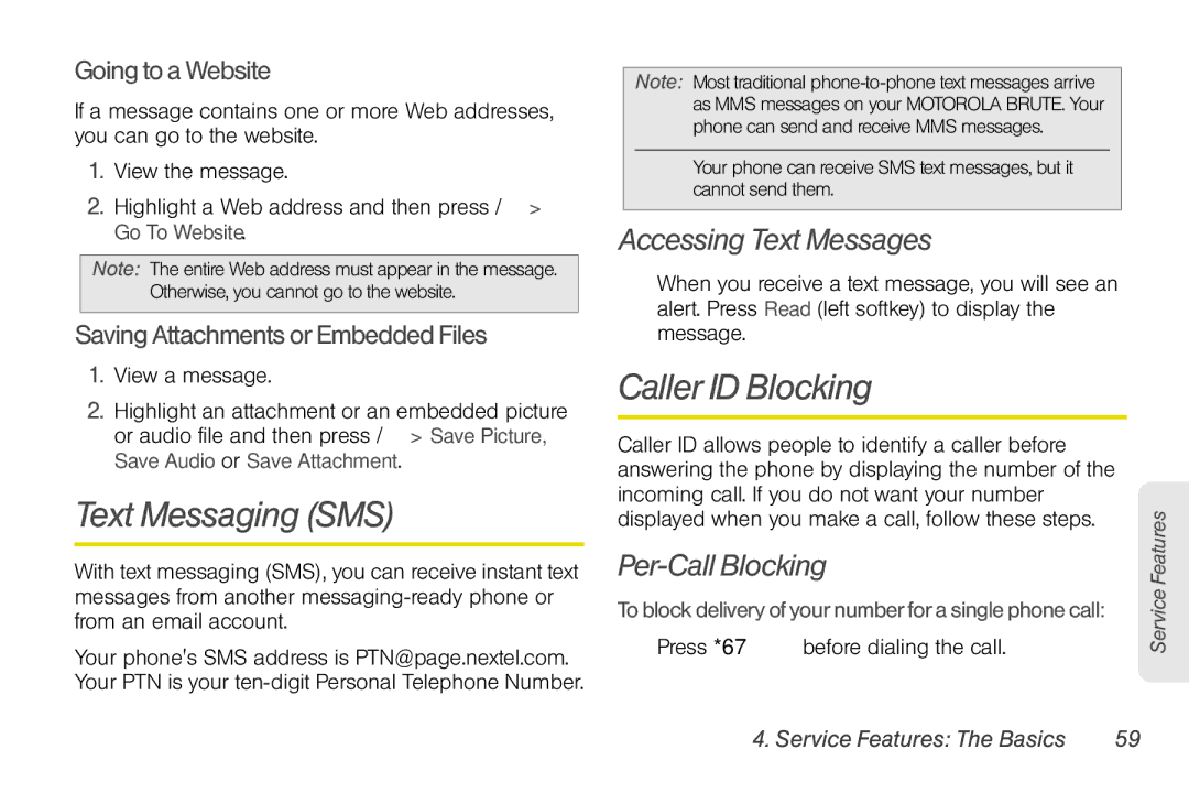 Motorola NNTN7794B manual Text Messaging SMS, Caller ID Blocking, Accessing Text Messages, Per-Call Blocking 