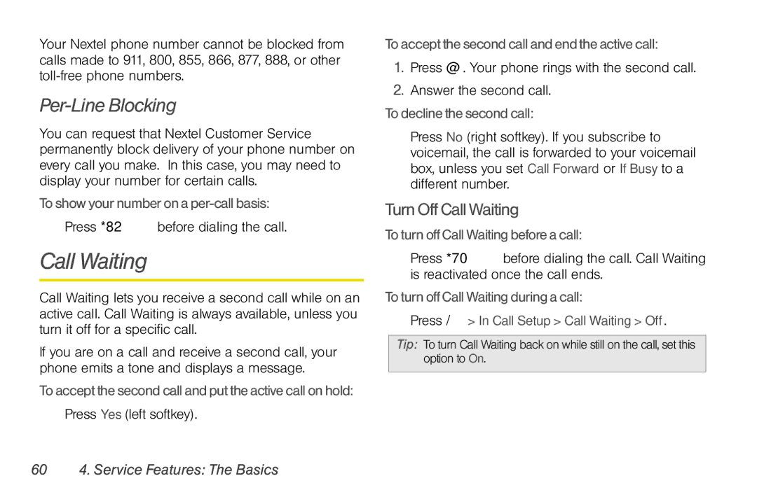 Motorola NNTN7794B manual Call Waiting, Per-Line Blocking, TurnOffCallWaiting, 60 4. Service Features The Basics 