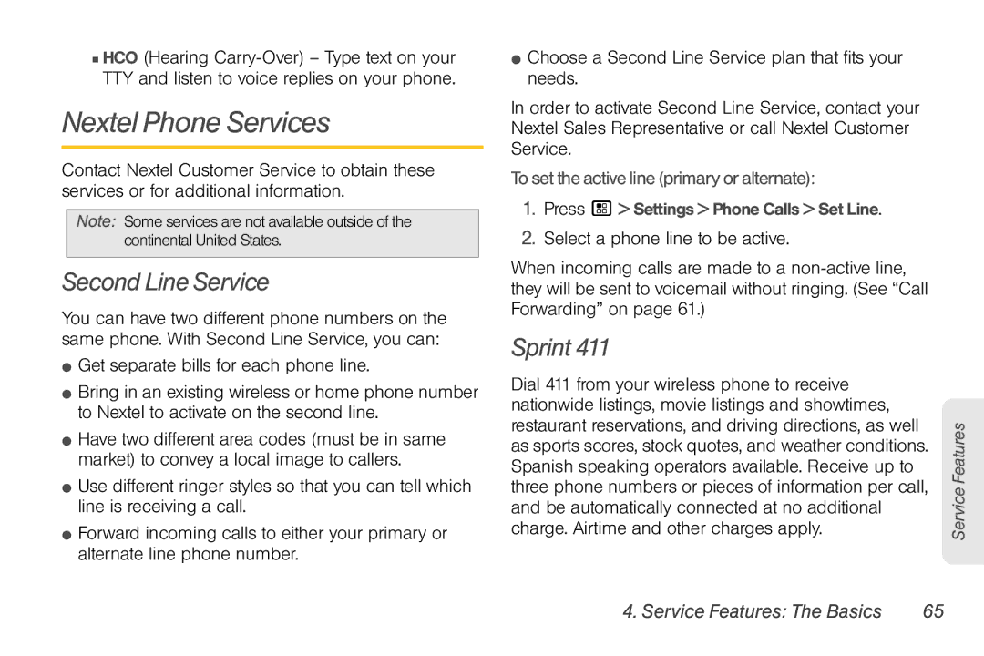 Motorola NNTN7794B manual Nextel Phone Services, Second Line Service, Sprint, Tosettheactive line primaryoralternate 