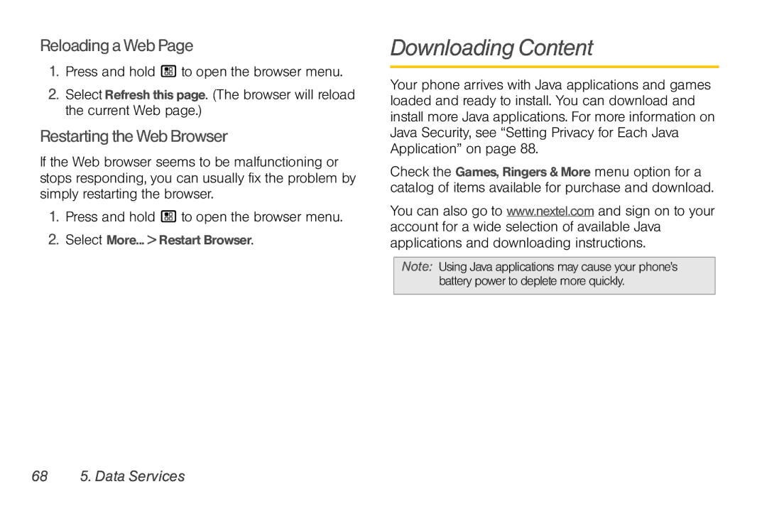 Motorola NNTN7794B manual Downloading Content, ReloadingaWebPage, RestartingtheWebBrowser, 68 5. Data Services 